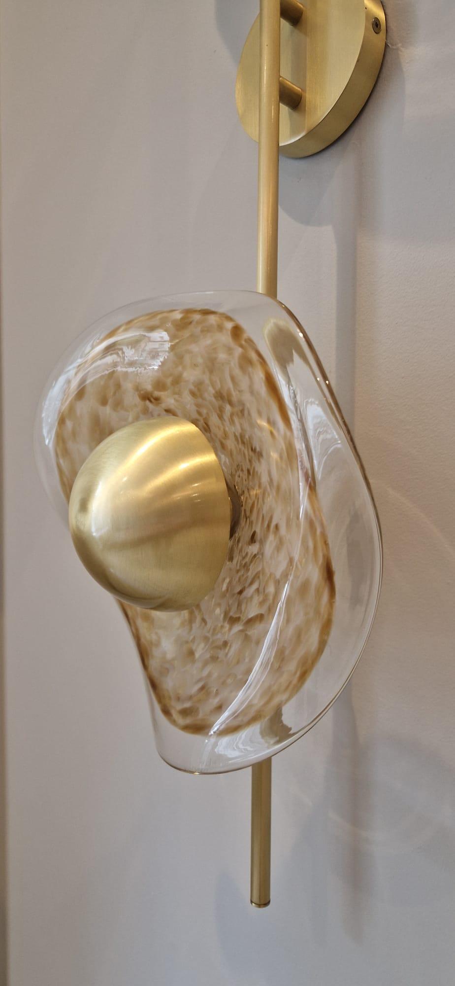 European Imagin Ortus Wall Light in Brushed Brass and Decorative Glass For Sale