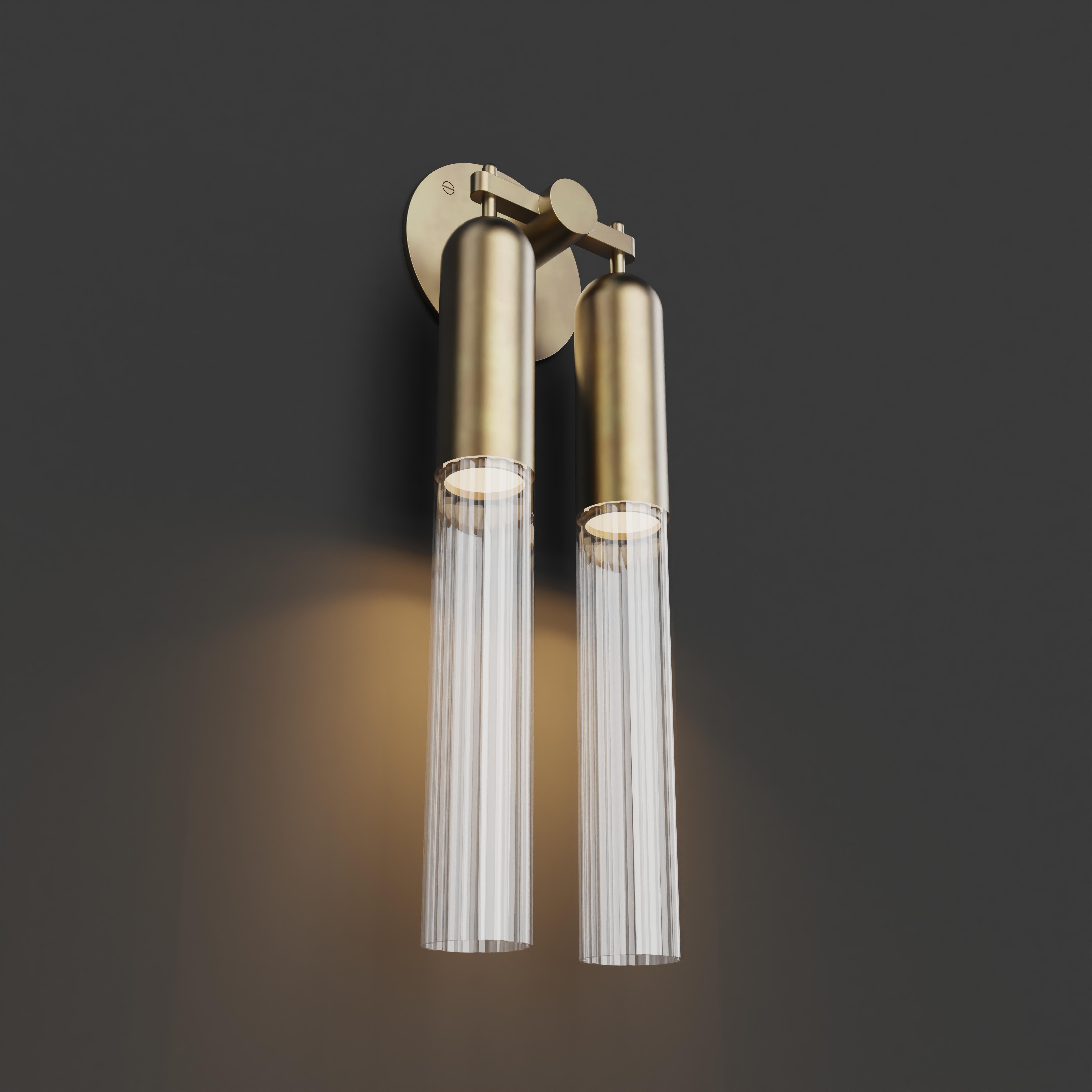 European Imagin Rigata Double Wall Sconce in Brushed Brass and Fluted Glass For Sale