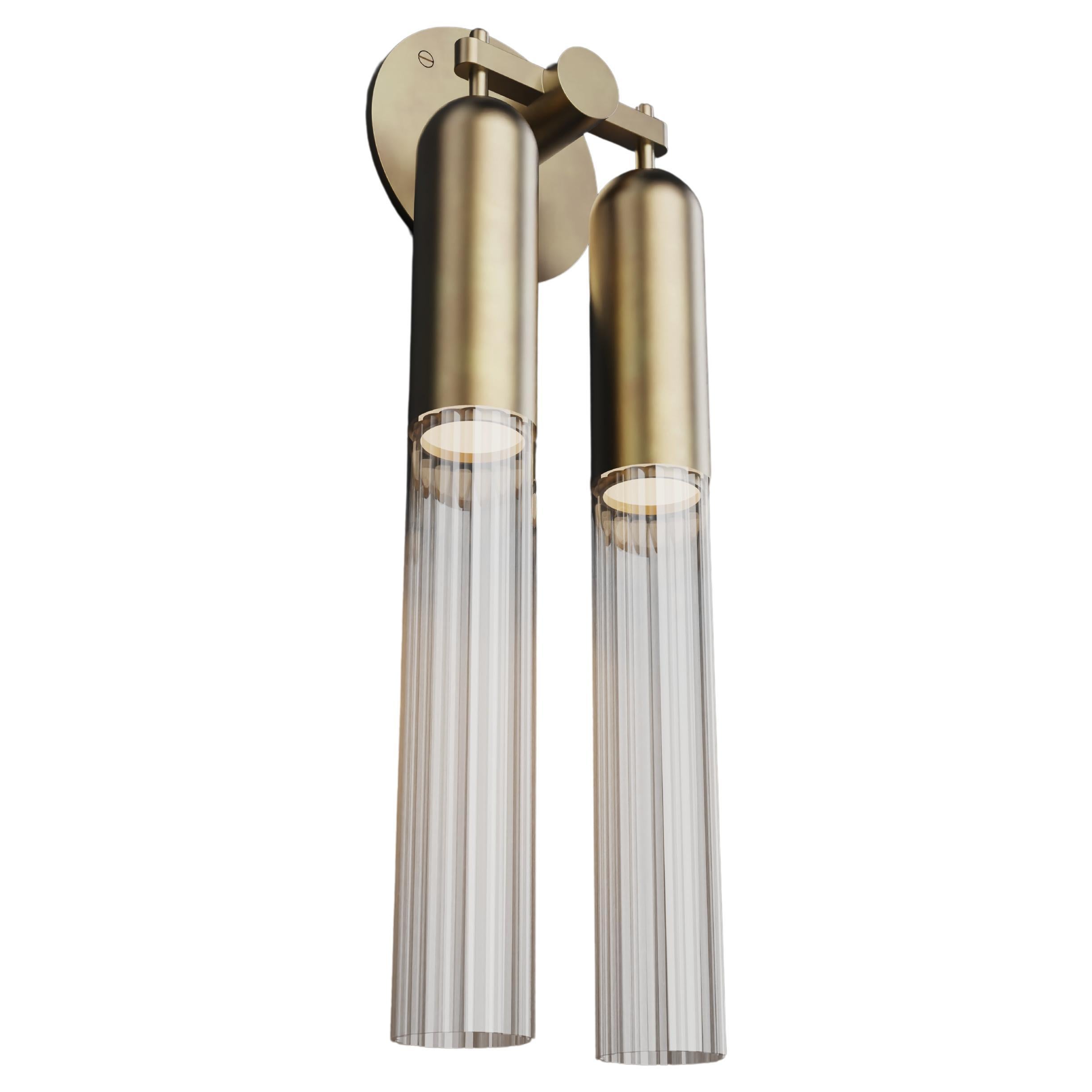 Imagin Rigata Double Wall Sconce in Brushed Brass and Fluted Glass For Sale