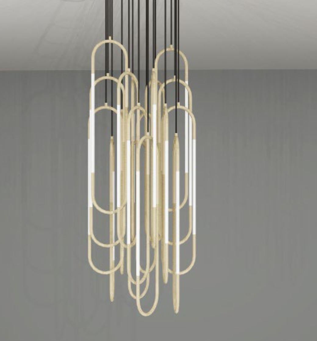 This chandelier is based on infinite loops of brass, coiling continuously to create a free and fluid structure, with subtly integrated lighting elements.

Height: 780mm
Diameter: 650mm
Rod Dia: 15mm
Overall Drop TBC

Made to order. Variations to