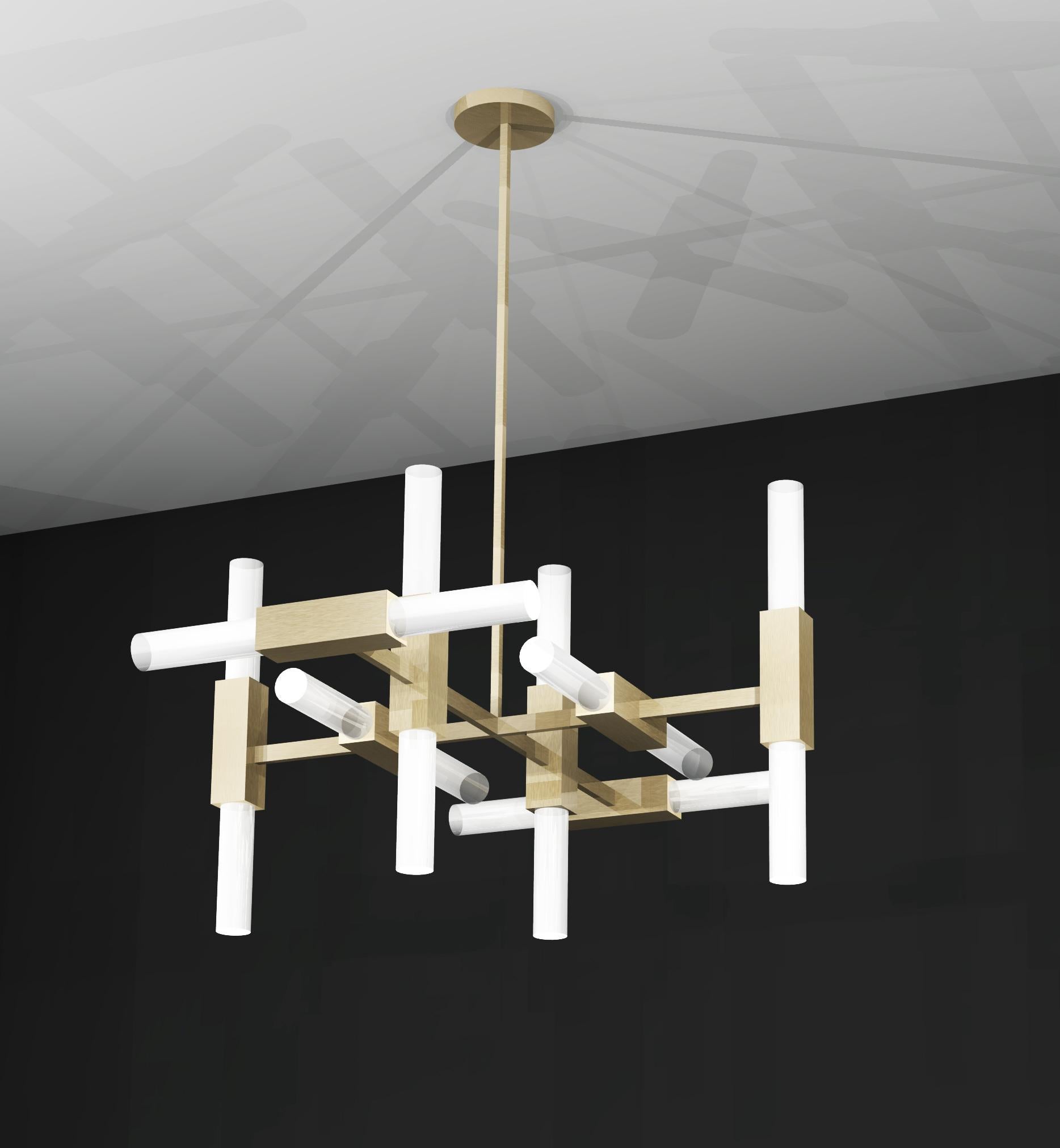 European Imagin Tubular Chandelier in Brushed Brass and Frosted Glass For Sale