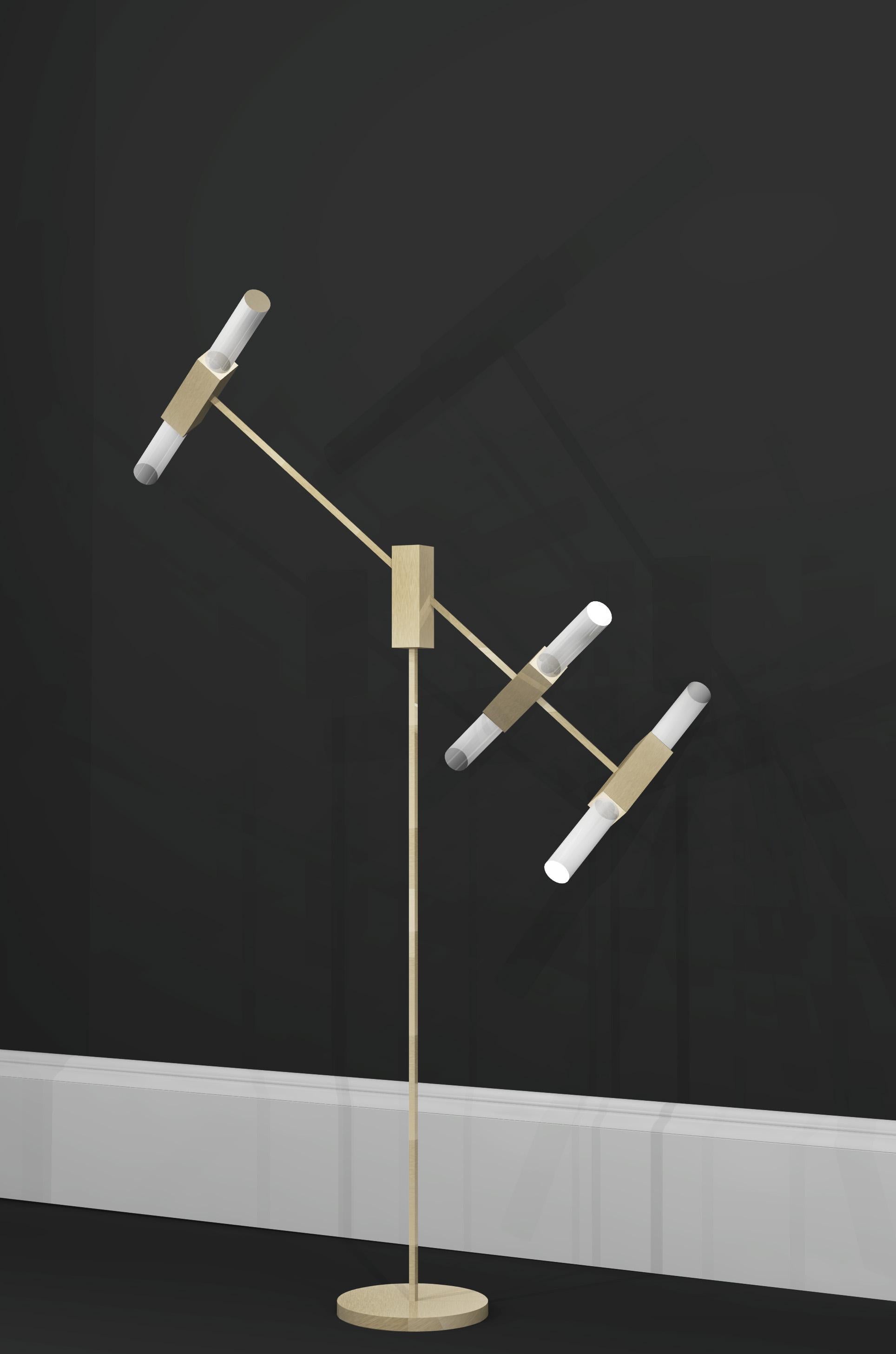 European Imagin Tubular Floor Lamp in Brushed Brass and Frosted Glass For Sale