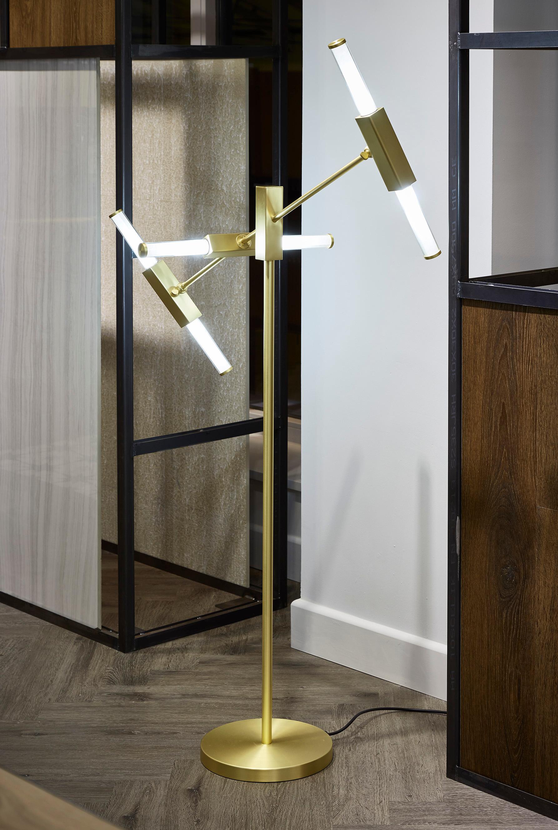 Metal Imagin Tubular Floor Lamp in Brushed Brass and Frosted Glass For Sale