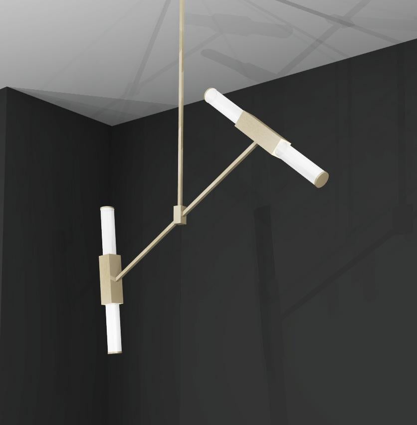 European Imagin Tubular Pendant Light in Brushed Brass and Frosted Glass For Sale