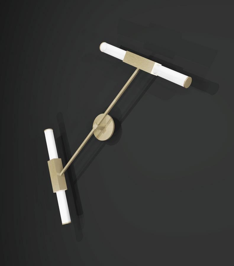 European Imagin Tubular Wall Light in Brushed Brass and Frosted Glass For Sale