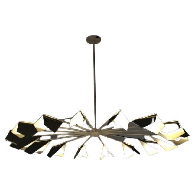 Inspired from observing bats while on vacation, this chandelier combines a simple folded brass shade along with a long arm brass base and produced entirely from genuine brass. The topside of the shade finished in matt black and the underside in