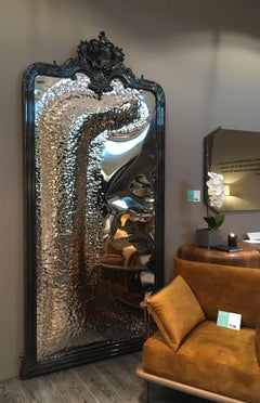 Imaginarium Floor Mirror Black, Classic Carved Wood and Polished Stainless Steel