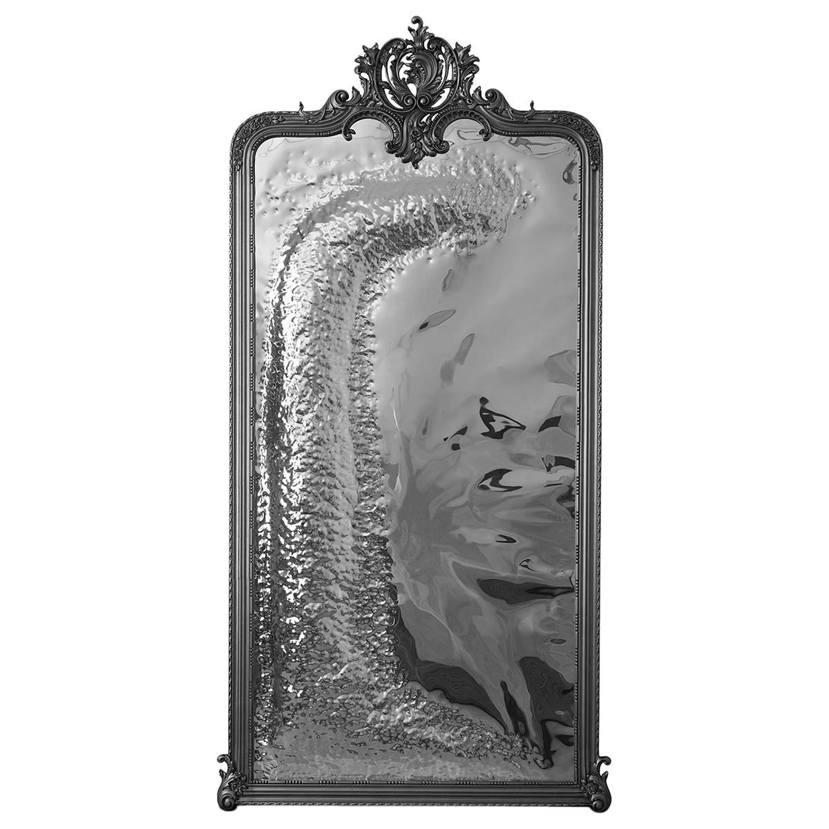 Miroir de sol Imaginarium noir, bois sculpté classique et acier inoxydable poli en vente