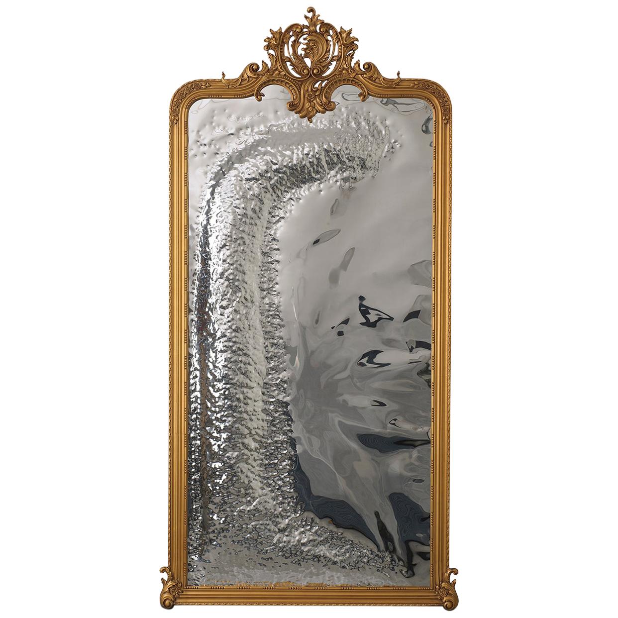 Modern Classic Imaginarium Mirror, Carved Wood and Gold Leaf Patina, Metal Work