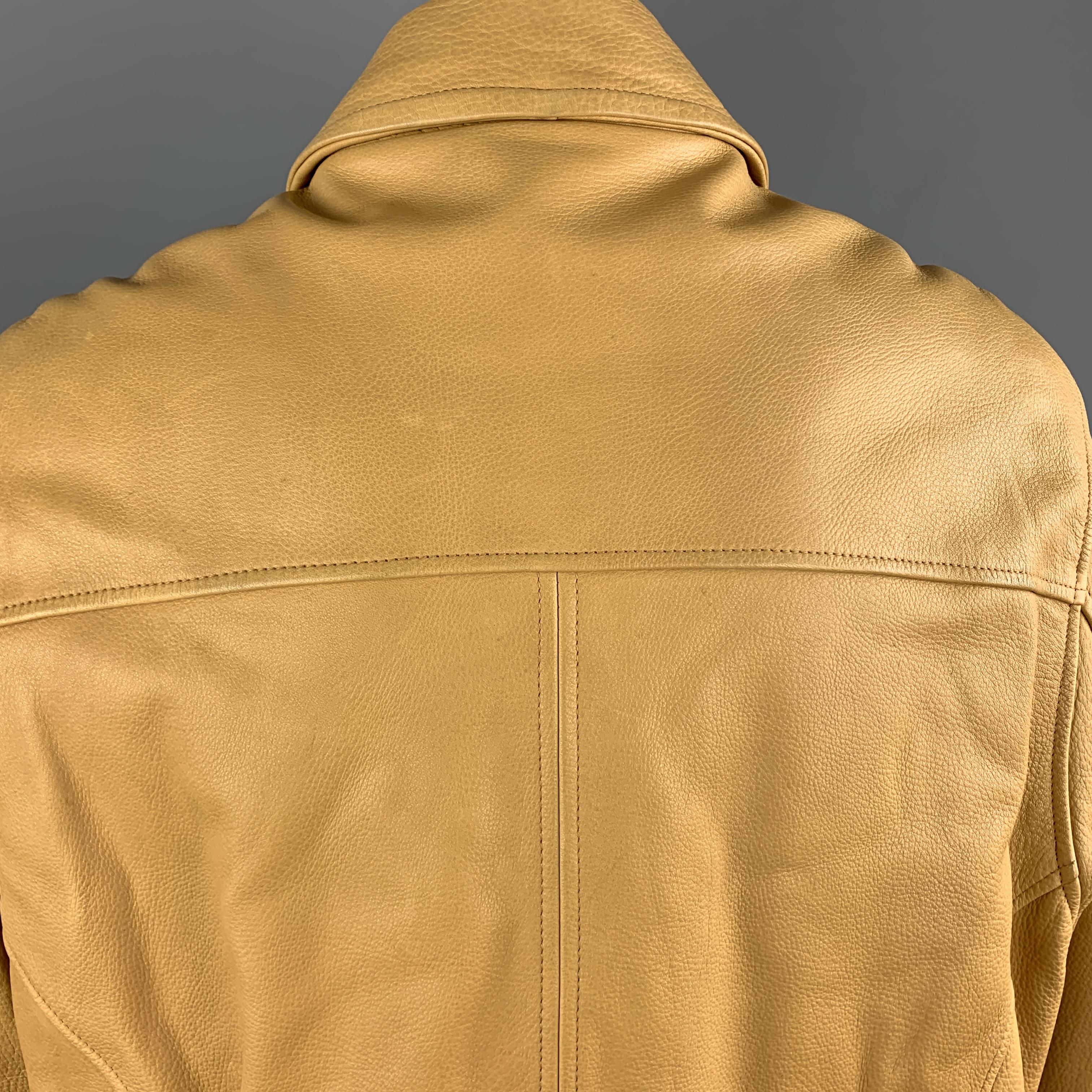I.MAGNIN Size S Khaki Textured Leather Zip Up Collared Jacket In Good Condition In San Francisco, CA