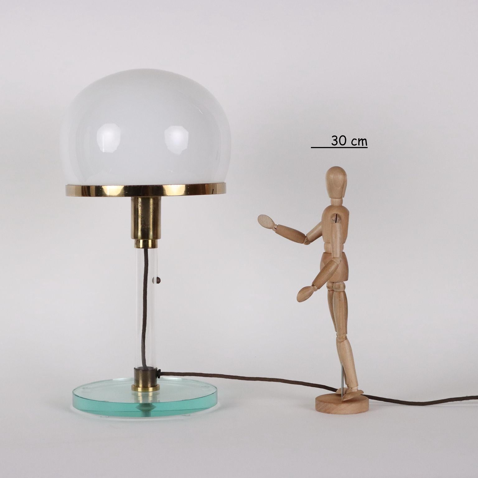 Table lamp, designed in 1923 for Bauhaus. Crystal, brass, white glass diffuser.