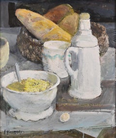 Natura morta con baguette. Cartone, olio. 57x49 cm