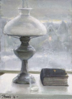 Natura morta con lampada. Olio su tela. 59x50 cm