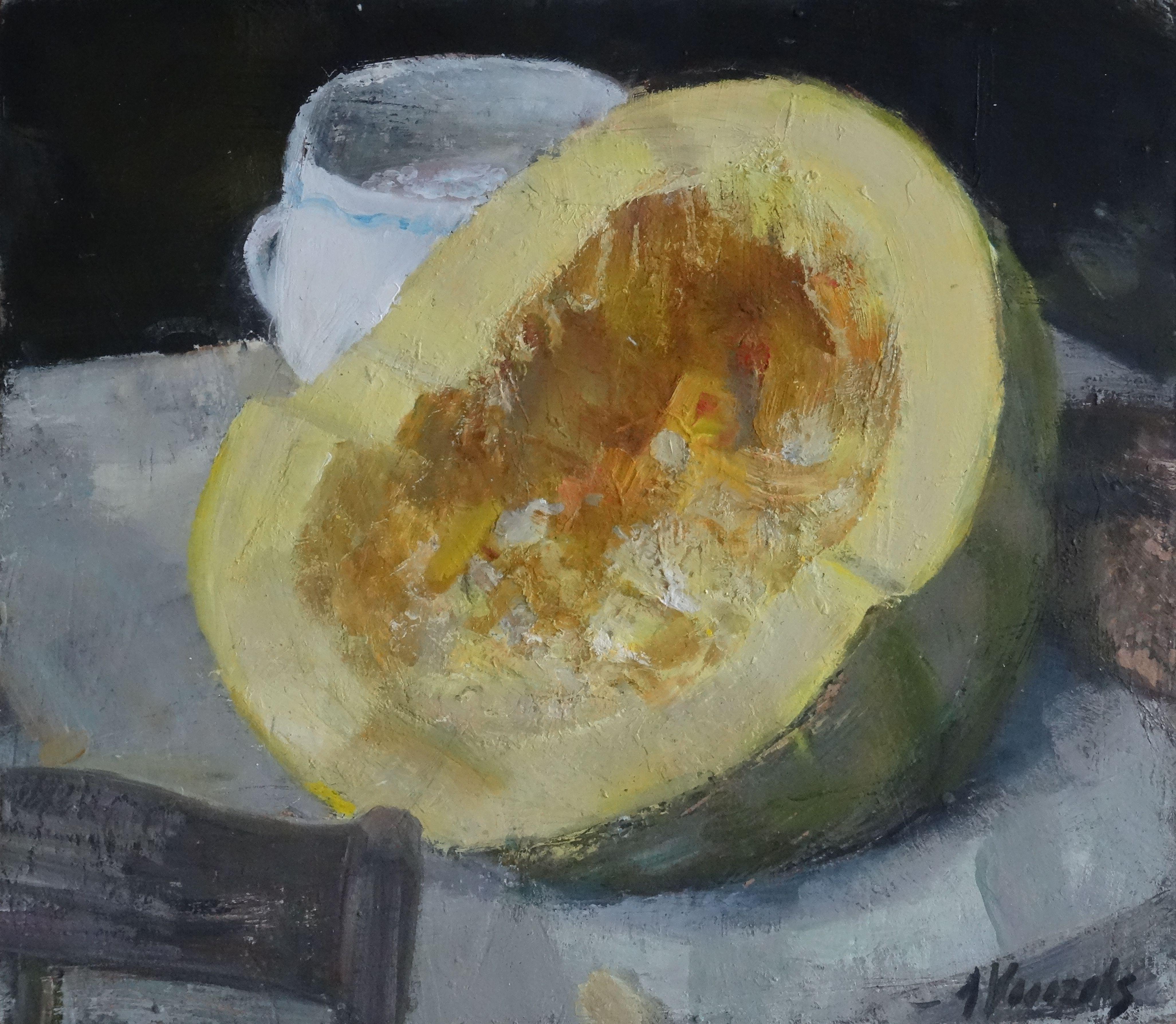 Imants Vecozols Still-Life Painting - Still Life with Pumpkin. Oil on plywood on the underframe, 55x63 cm