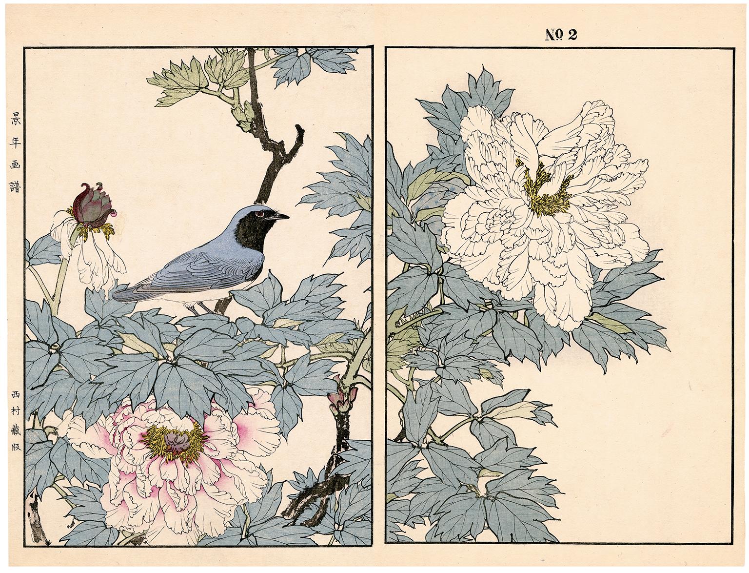 Impression sur bois du 19ème siècle représentant un arbre en forme de pivoine et des faisceaux bleus et blancs de type Flycatcher - Print de Imao Keinen