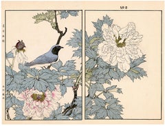 Tree Peony and Blue and White Flycatcher — 19th century woodblock print