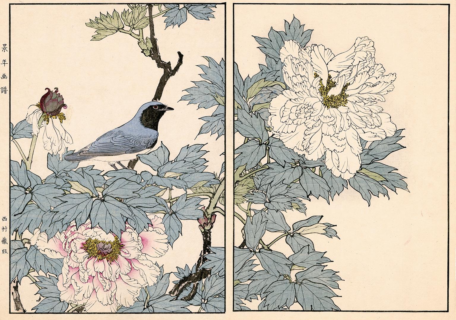 Figurative Print Imao Keinen - Impression sur bois du 19ème siècle représentant un arbre en forme de pivoine et des faisceaux bleus et blancs de type Flycatcher