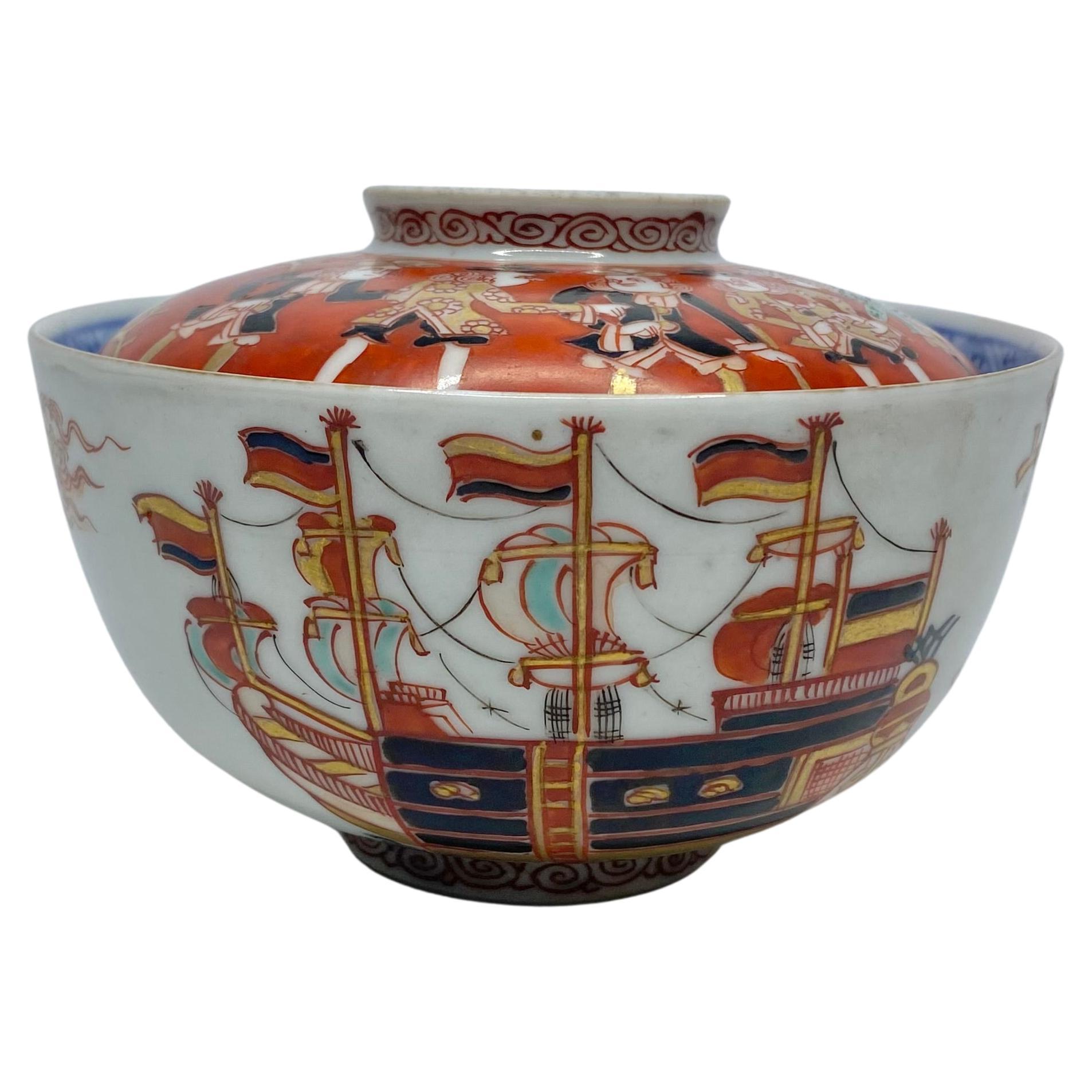 Imari ‘Black Ship’ bowl and cover, Japan, Meiji Period. For Sale