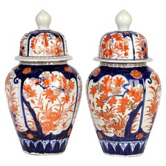 Imari Meiji Pair Japanese Floral Painted Porcelain Lidded Jars
