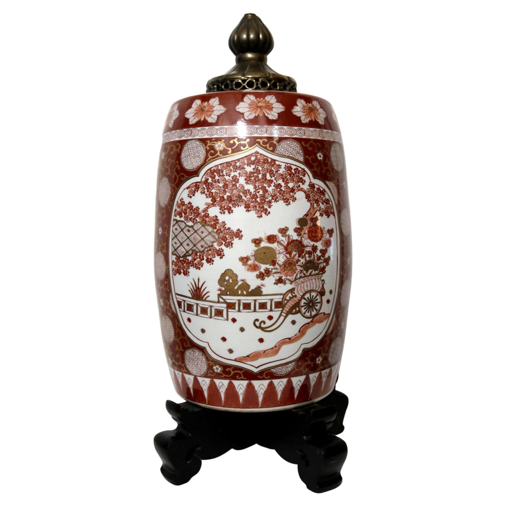 Imari Ovoid Japanese Design Vessel with Ebonized Base and Brass Finial