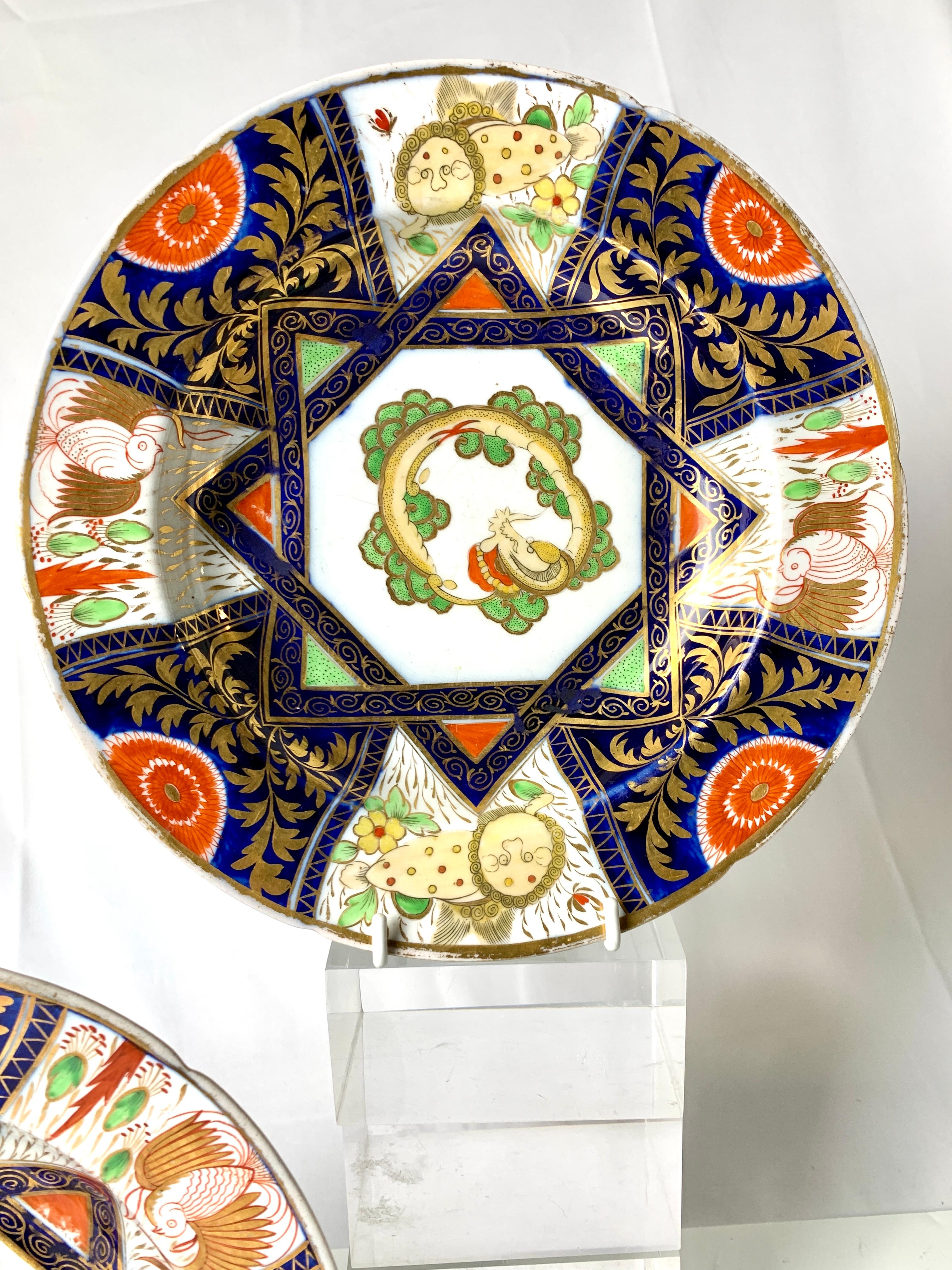 Regency Imari Pair Antique Porcelain Dishes Hand Painted England, Circa 1820