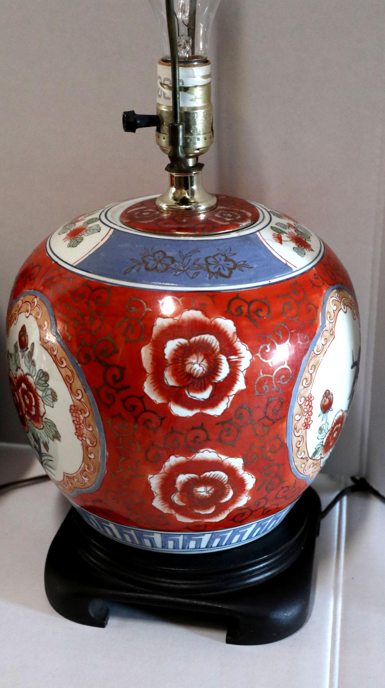 Hand-Painted Imari Pattern Lamps, Style of Wildwood, a Near Pair on Wood Base