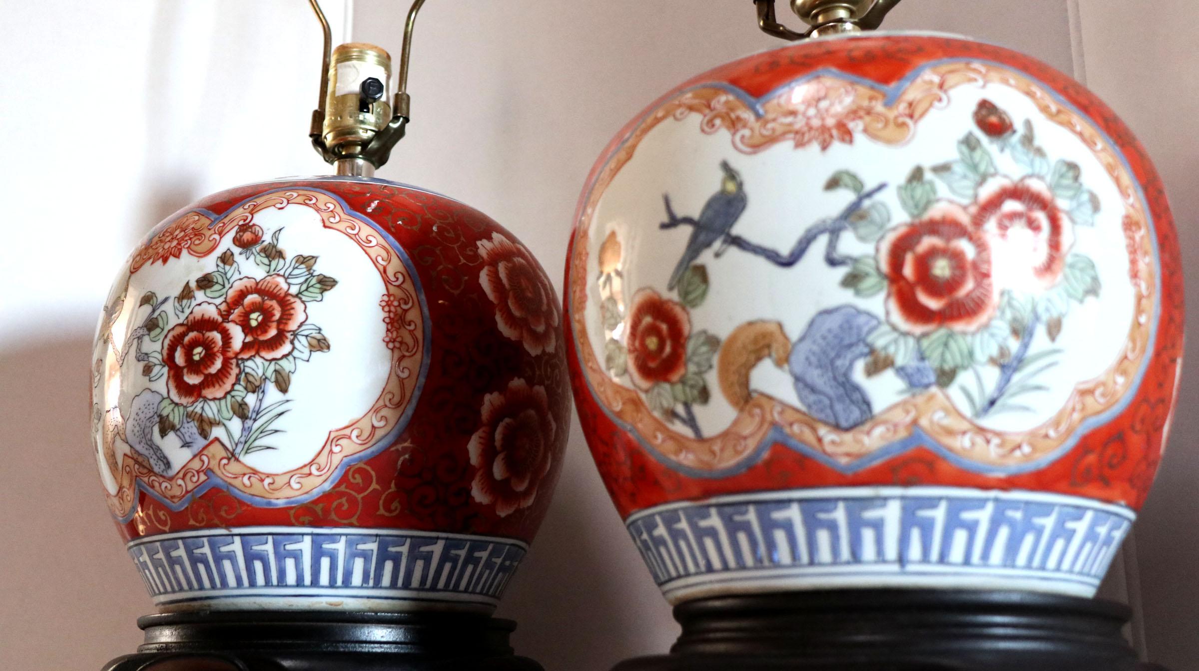 Ceramic Imari Pattern Lamps, Style of Wildwood, a Near Pair on Wood Base