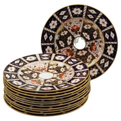 Antique Imari Pattern Royal Crown Derby Dinner Plates, Set of 12