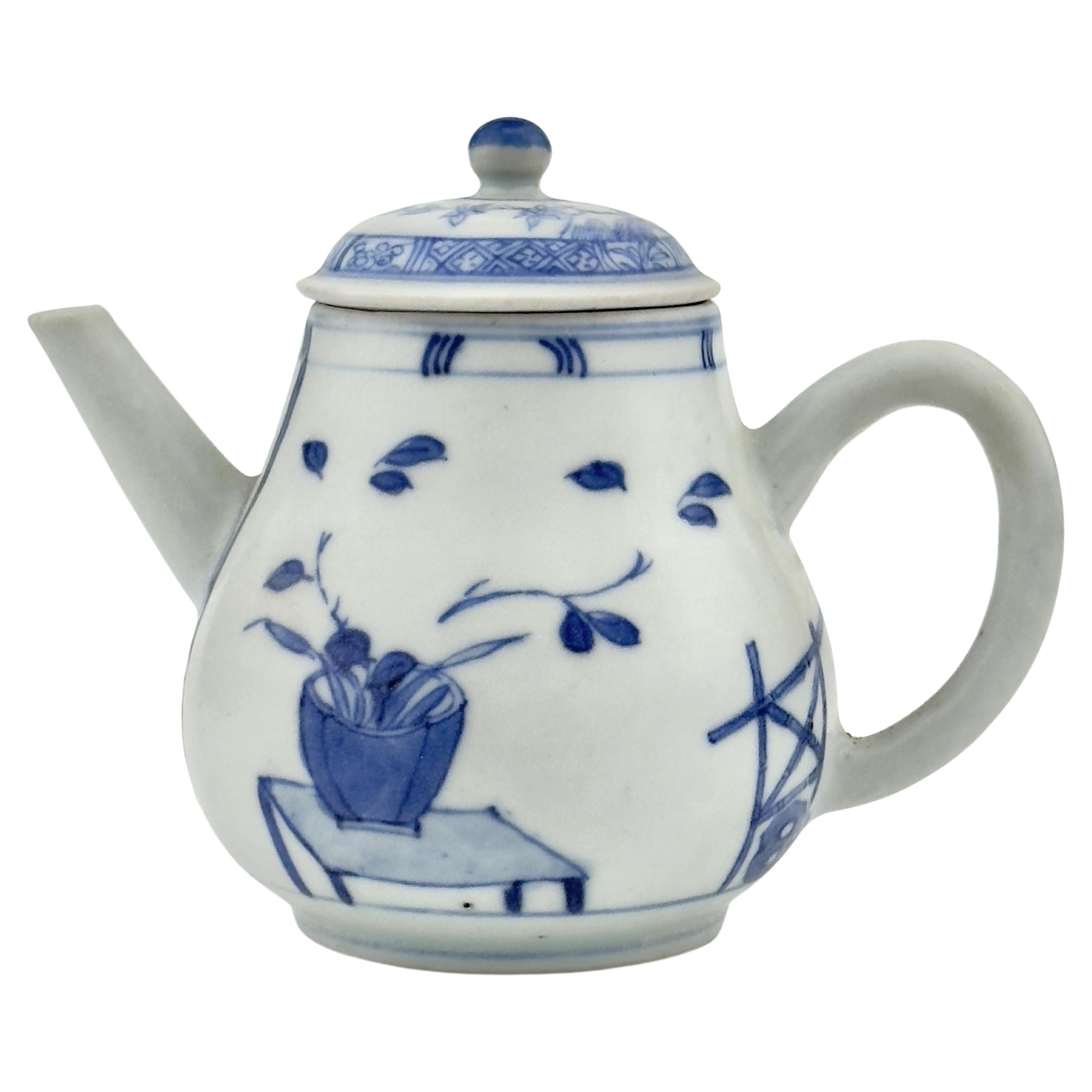 'Imari Pavilion' Pattern Blue And White Teapot C 1725, Qing Dynasty, Yongzheng For Sale
