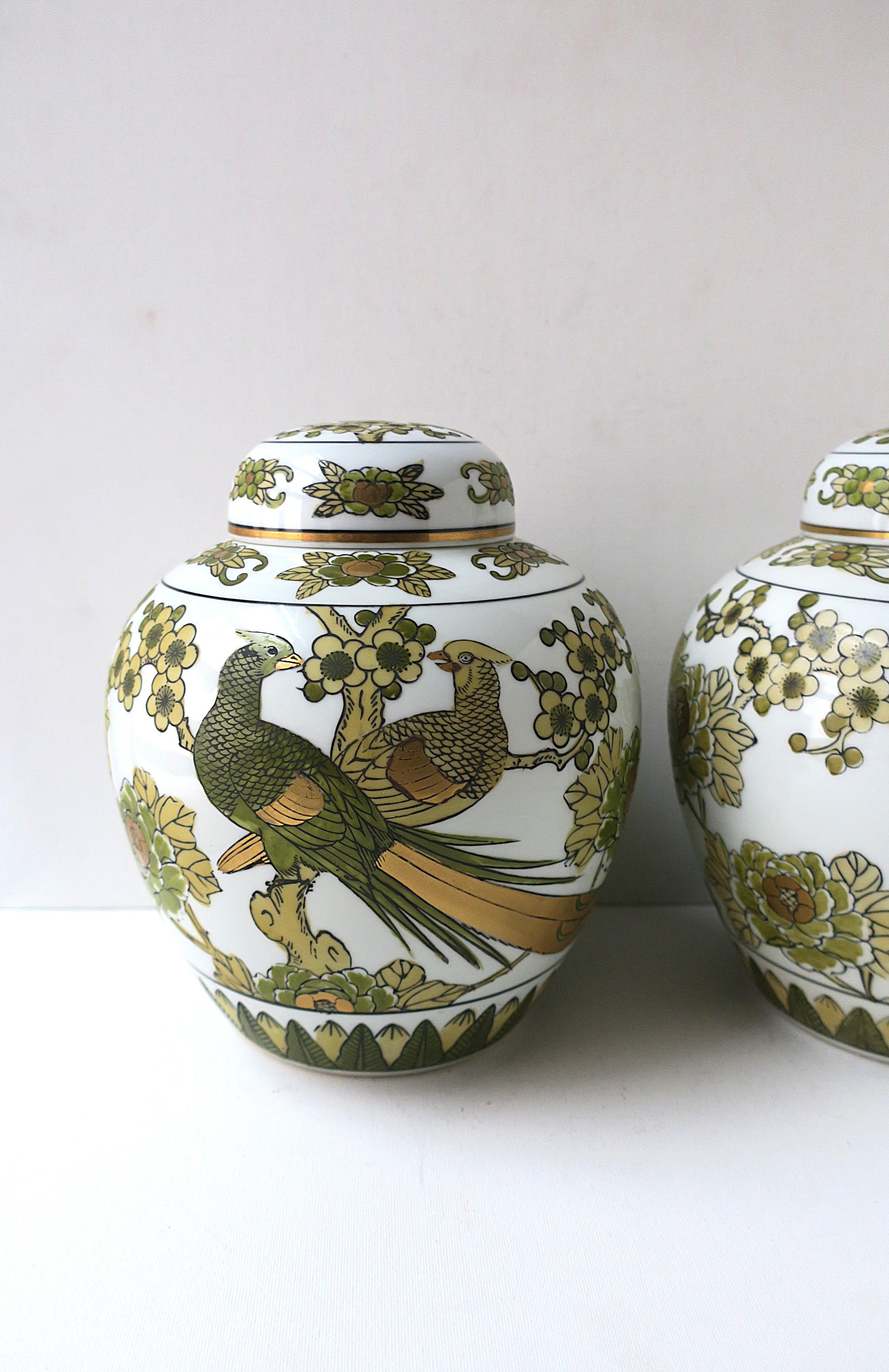 Japanese Imari Porcelain Ginger Jar Vases Bird Design, Pair