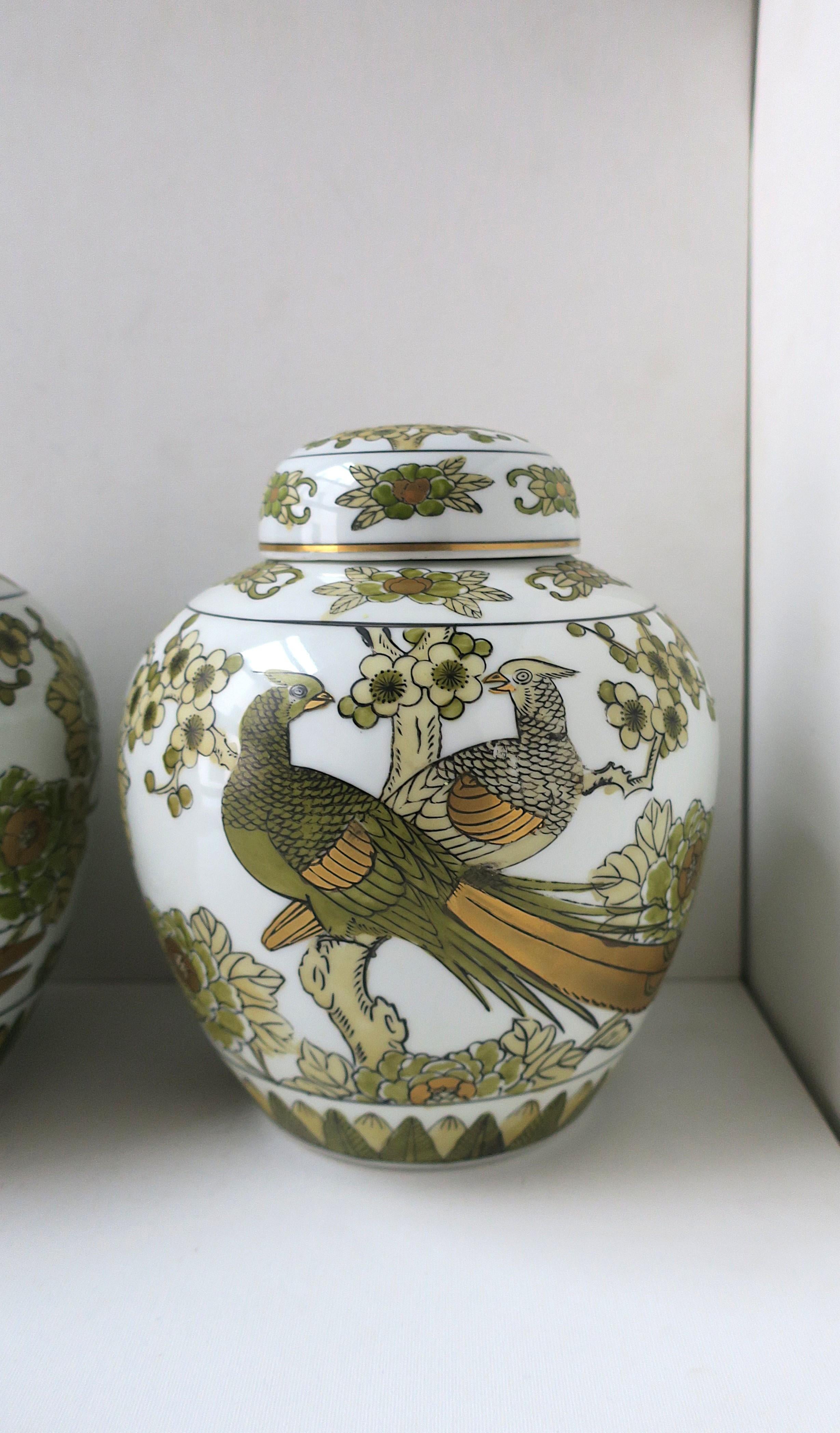 Hand-Painted Imari Porcelain Ginger Jar Vases Bird Design, Pair