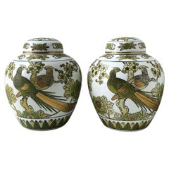 Imari Porcelain Ginger Jar Vases Bird Design, Pair