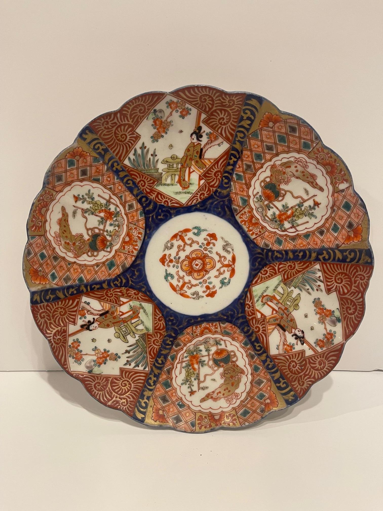 Imari Scalloped Charger Porcelain Plate, 19th Century.  Wood stand included