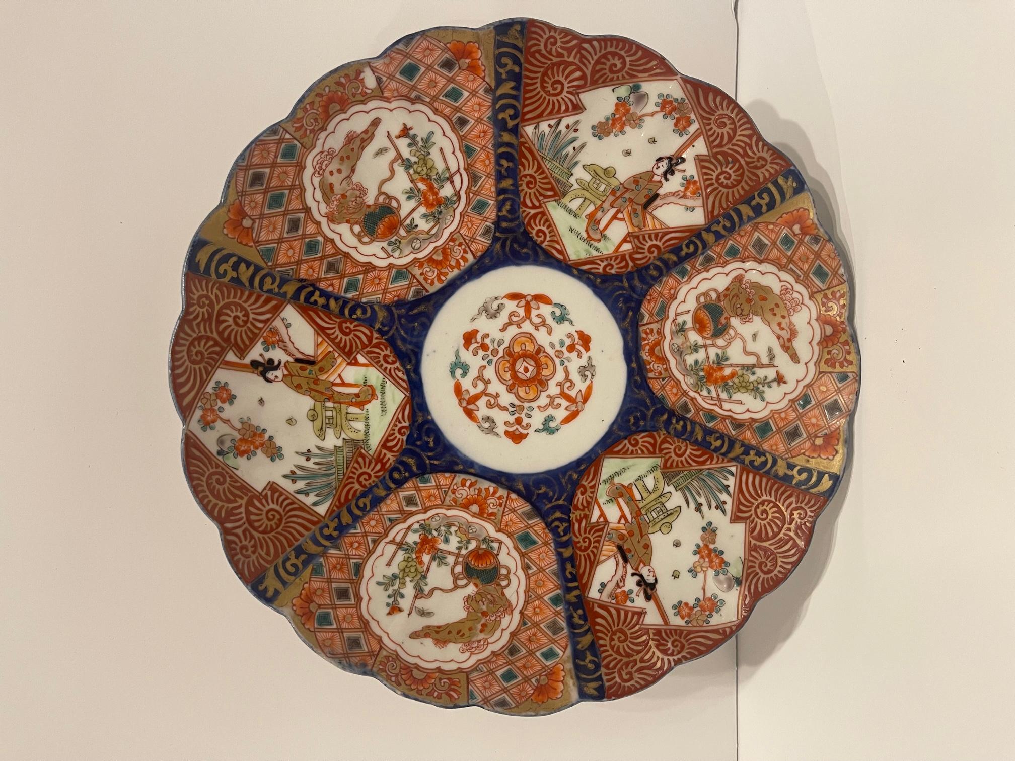 Imari Scalloped Charger Porcelain Plate, 19th Century.  Wood stand included