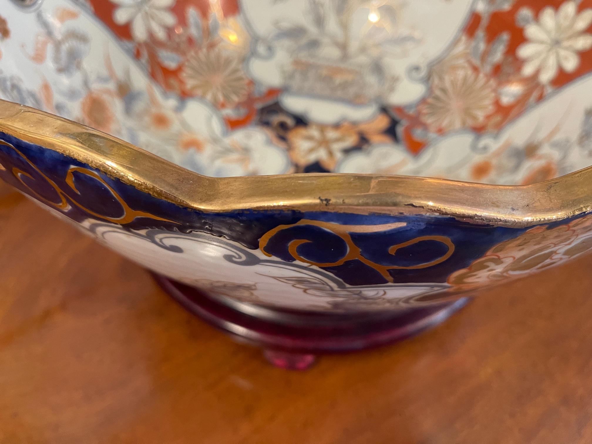 Chinese Imari Style Center or Punch Bowl on Wood Stand, 20th Century