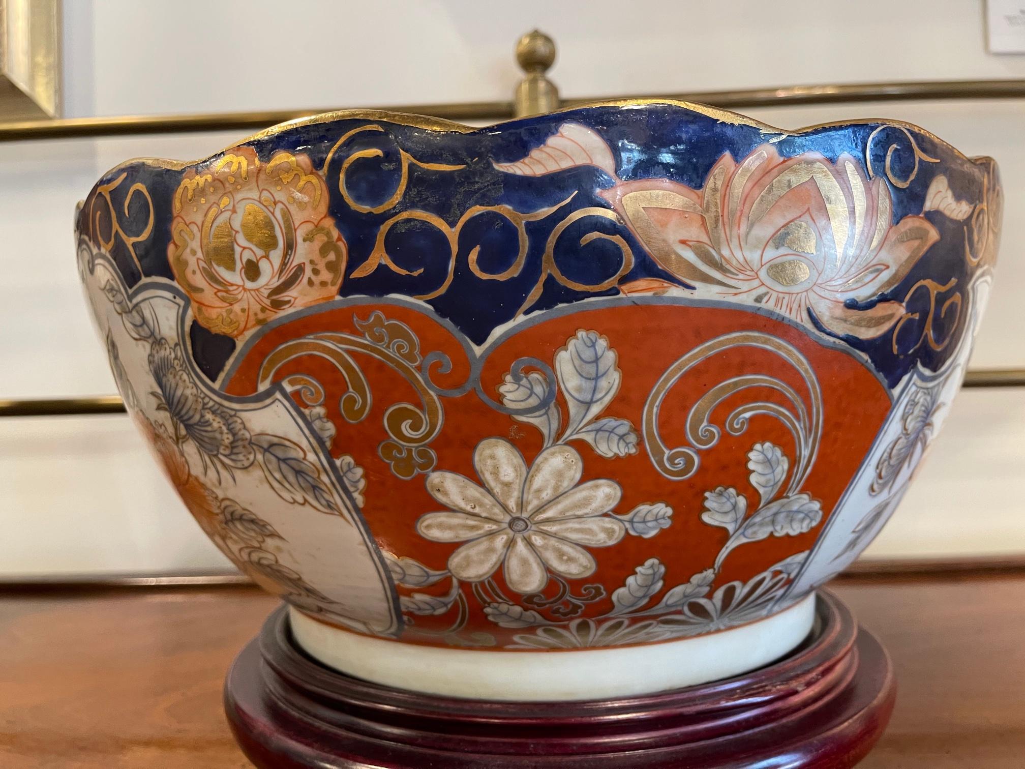 Porcelain Imari Style Center or Punch Bowl on Wood Stand, 20th Century