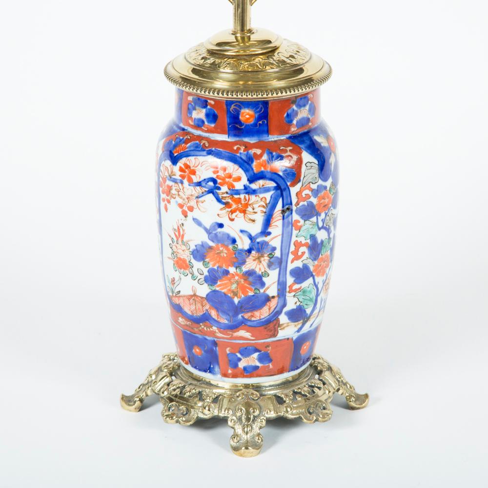 Brass Imari Style Porcelain Vases Converted to Table Lamps For Sale