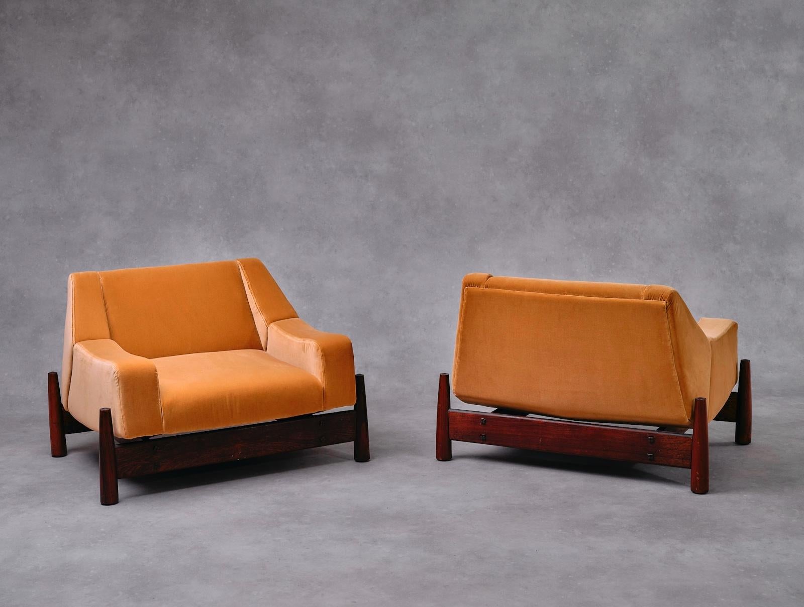 Brazilian Imbuia Wood Pair of Armchairs by Móveis Cimo 1960s Brazil Dedar Milano Fabric For Sale