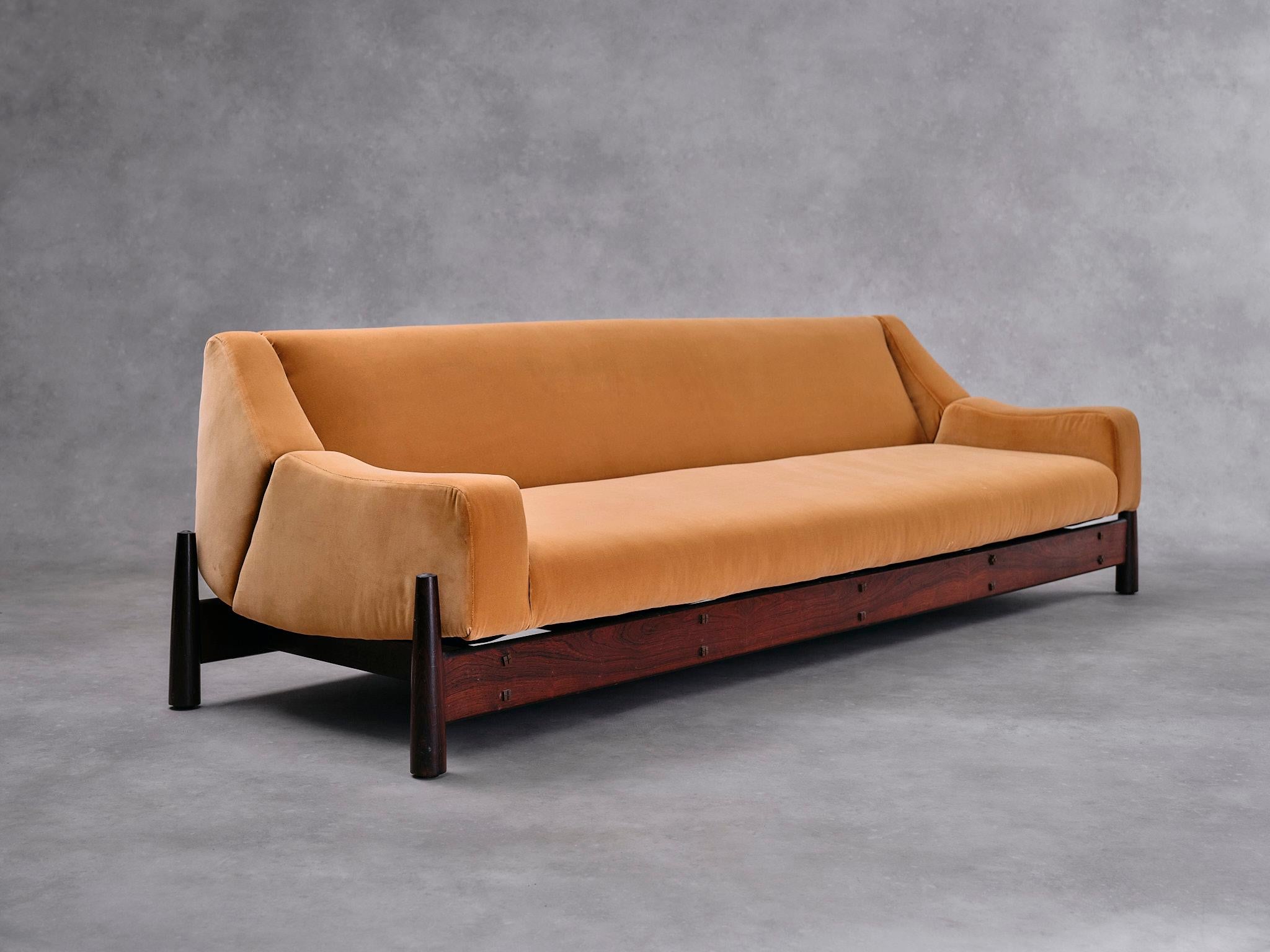 Brazilian Imbuia Wood Sofa by Móveis Cimo 1960s Brazil Dedar Milano Fabric For Sale