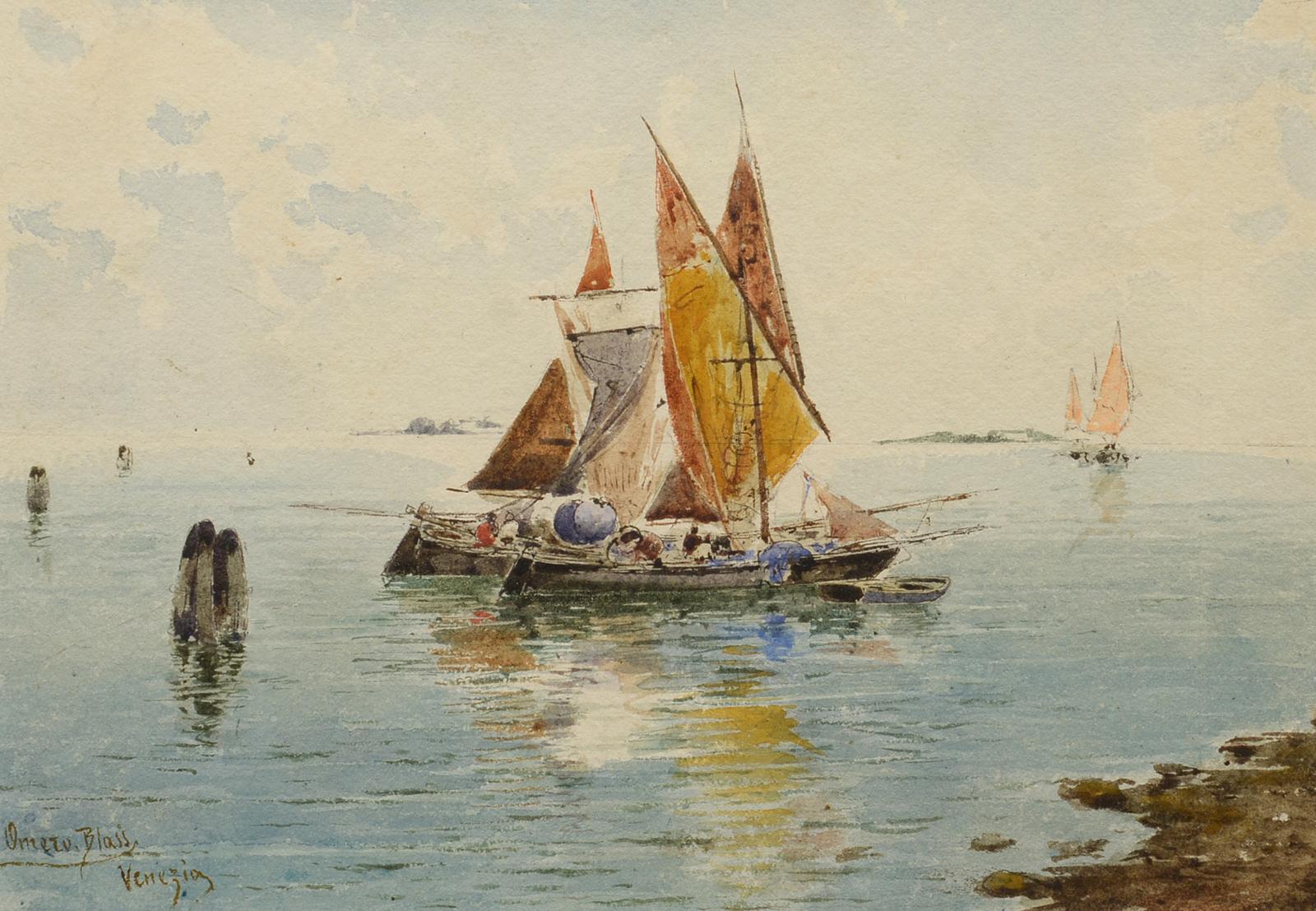 Imero Blass Landscape Painting - "Venizia, " Venice, Italy, watercolor, sailboats, 19th century, realism, seascape