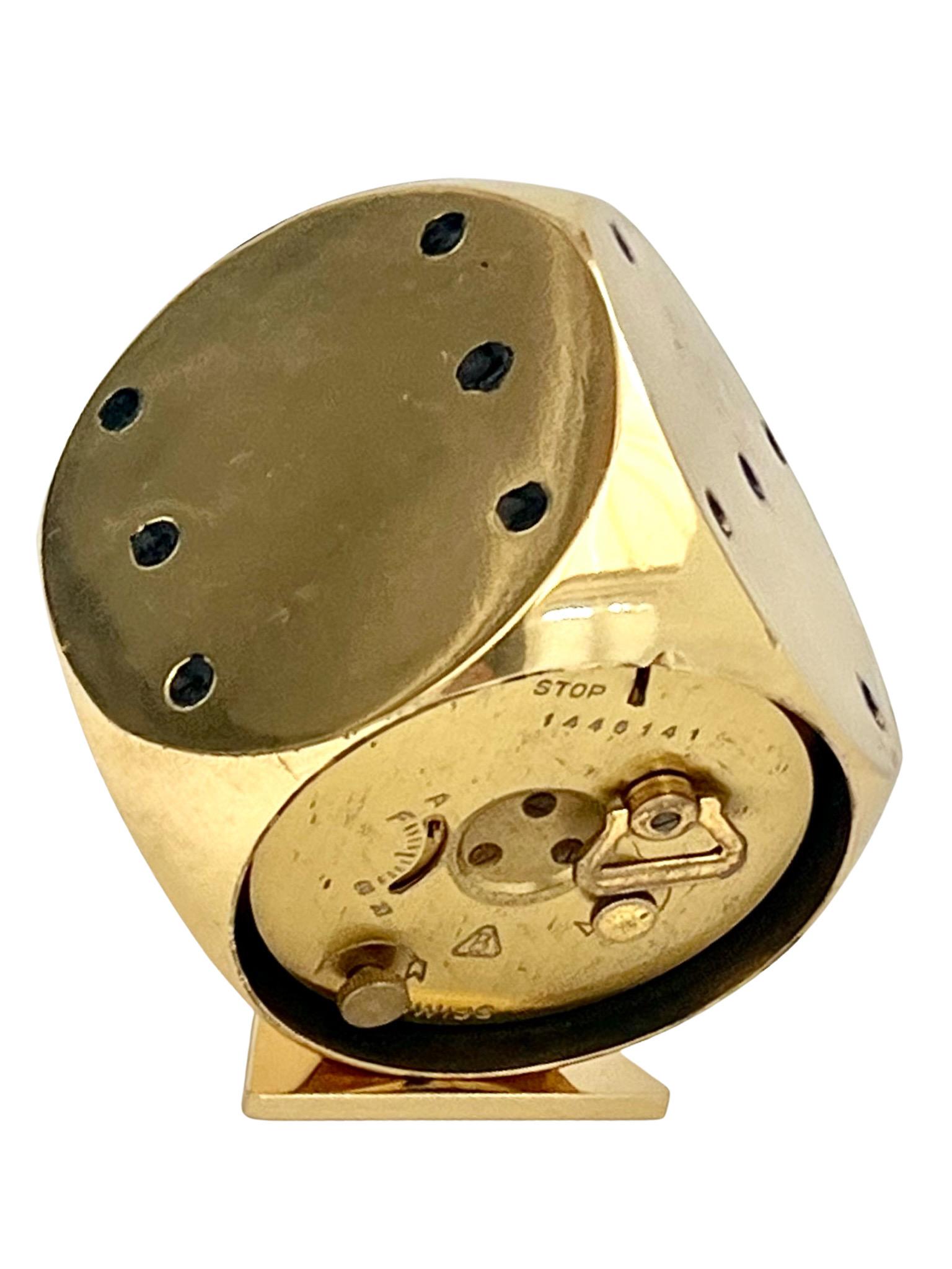Mid-Century Modern Imhof Mid Century Gold Dice Motif Swiss Alarm Clock For Sale