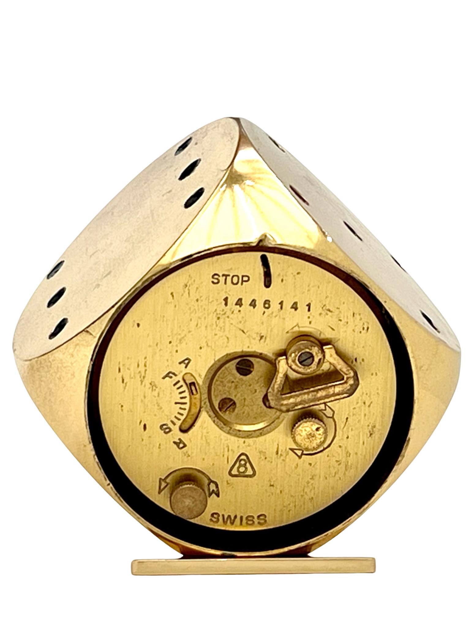 Cast Imhof Mid Century Gold Dice Motif Swiss Alarm Clock For Sale