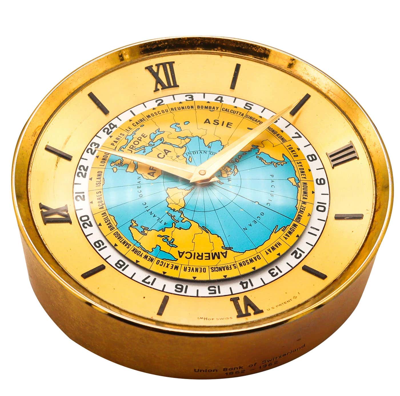 Imhof Switzerland 1960 World Timer 8 Days Desk Clock in Bronze and 24h ...