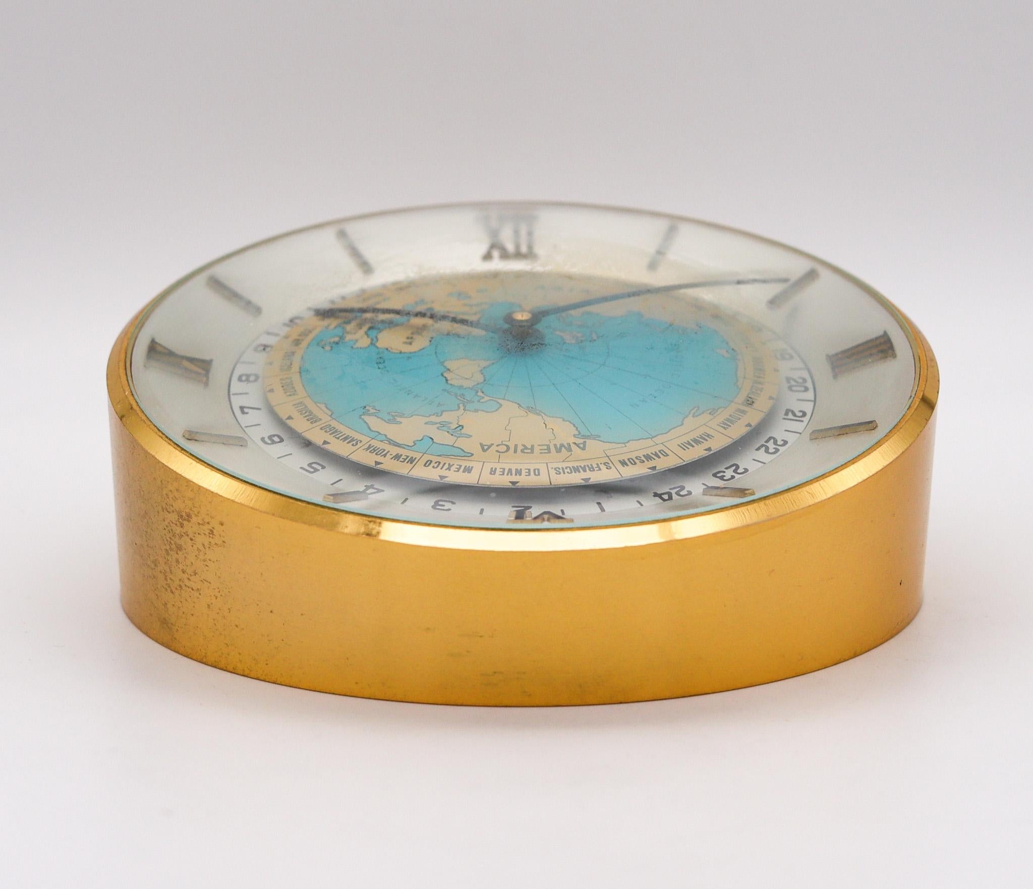 Mid-Century Modern Imhof Switzerland 1960 World Timer 8 Days Desk Clock in Bronze with 24h Scales