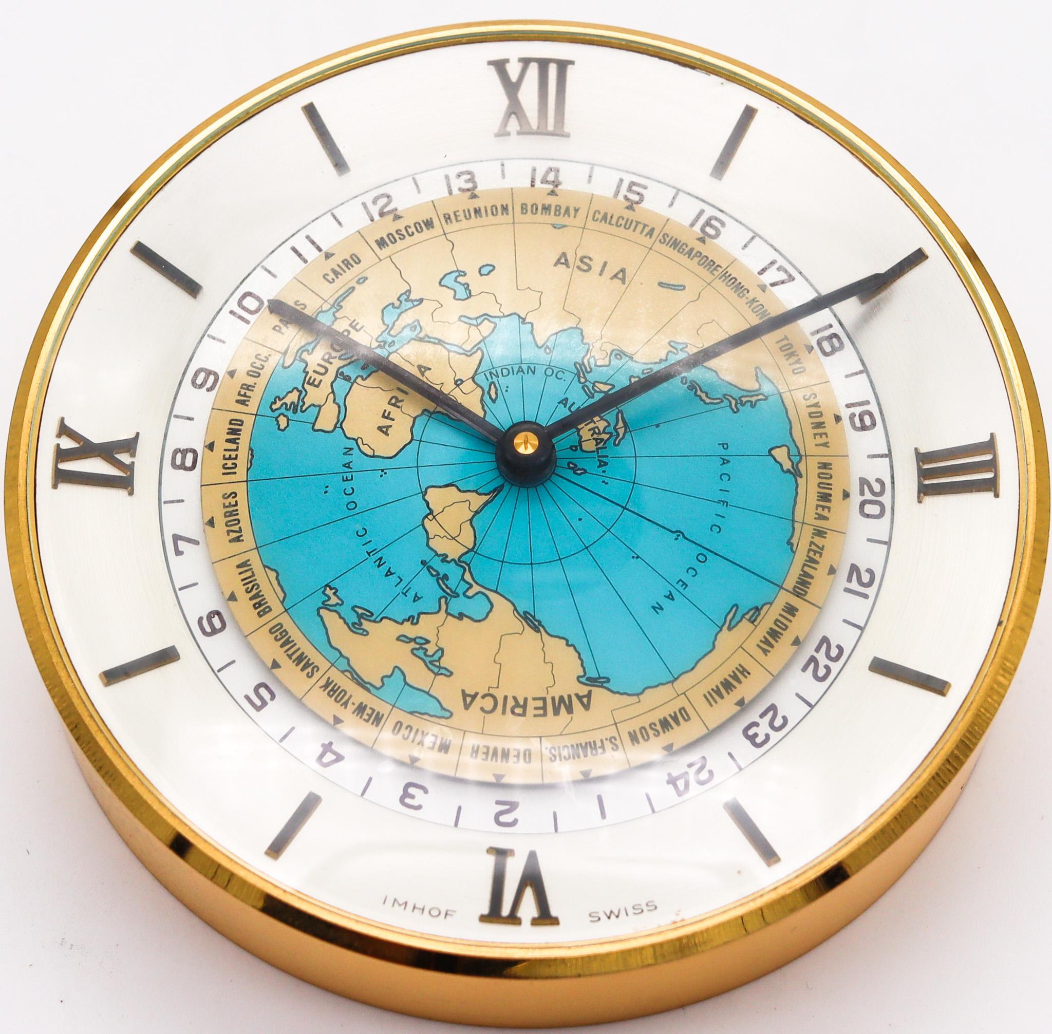 Swiss Imhof Switzerland 1960 World Timer 8 Days Desk Clock in Bronze with 24h Scales