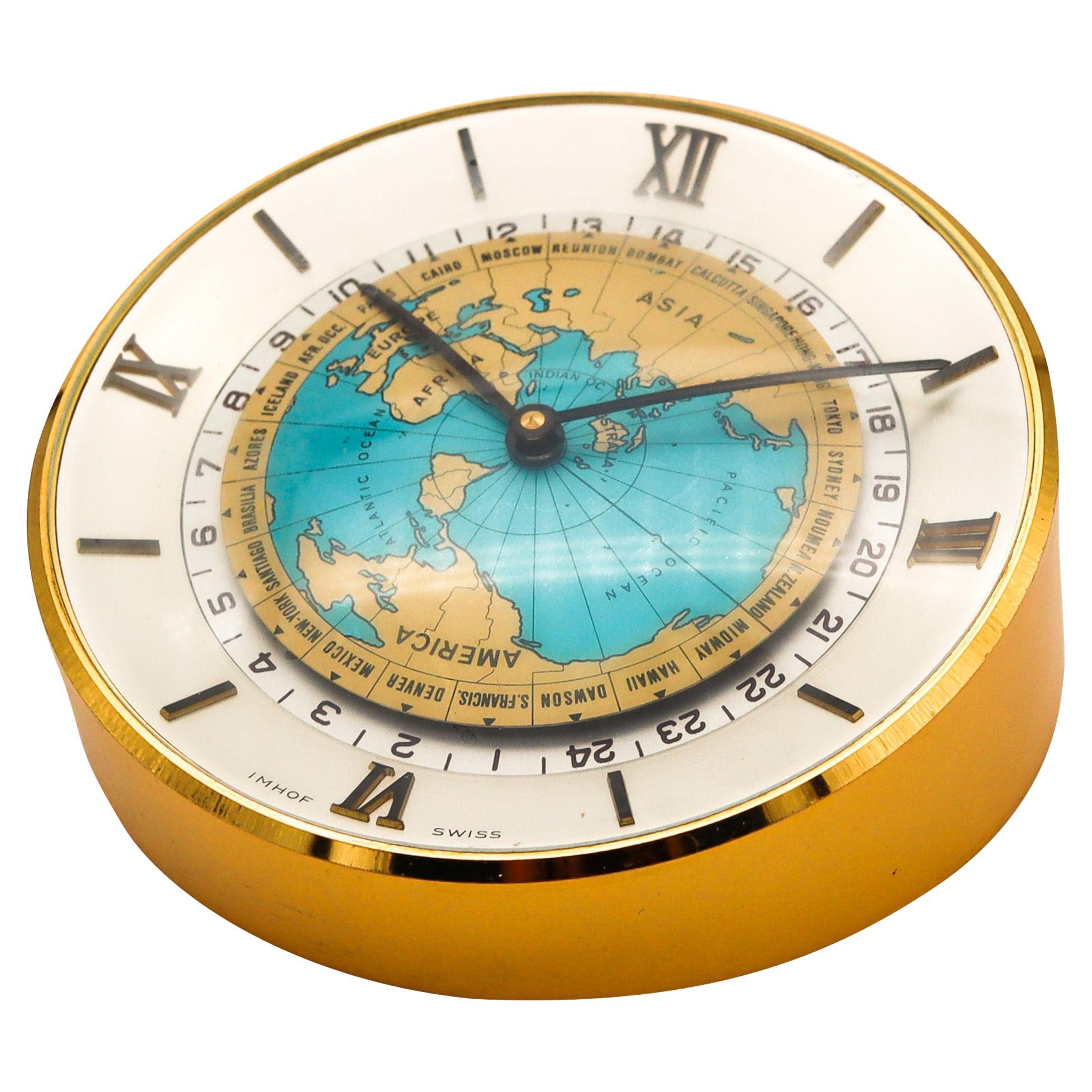 Imhof Schweiz 1960 World Timer 8 Tage-Schreibtischuhr aus Bronze mit 24h-Schirmen im Angebot