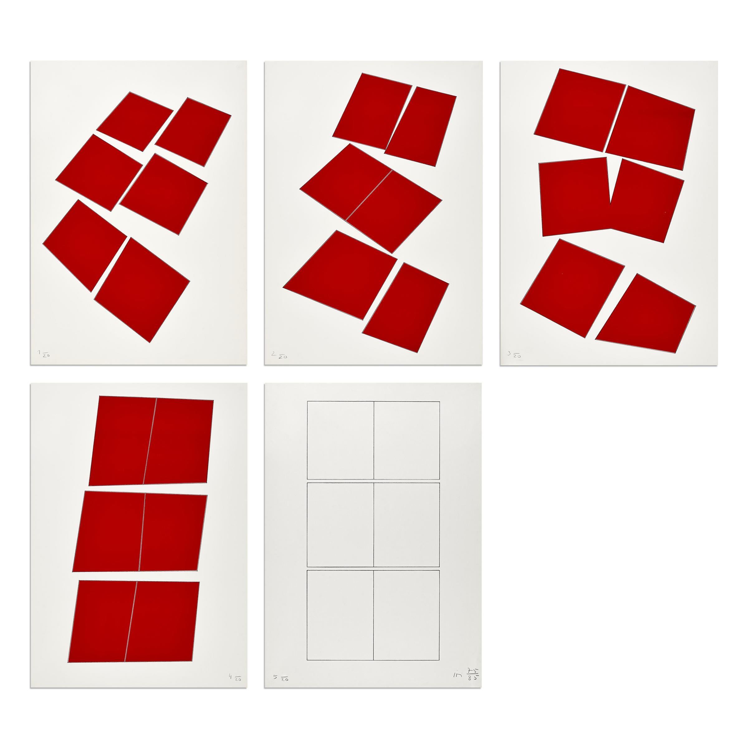 Imi Knoebel (Deutscher, geboren 1940)
Rote Konstellation, 1975/1985
Medium: Folge von 5 Siebdrucken und Bleistift auf Velinpapier
Abmessungen: 102 x 73 cm (40,2 x 28,7 Zoll)
Auflage von 20: Jedes Exemplar handsigniert und mit Bleistift