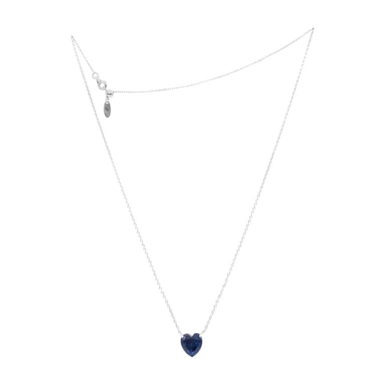 Imitation Diamond Heart Silver Necklace Synthetic Blue Sapphire For Sale