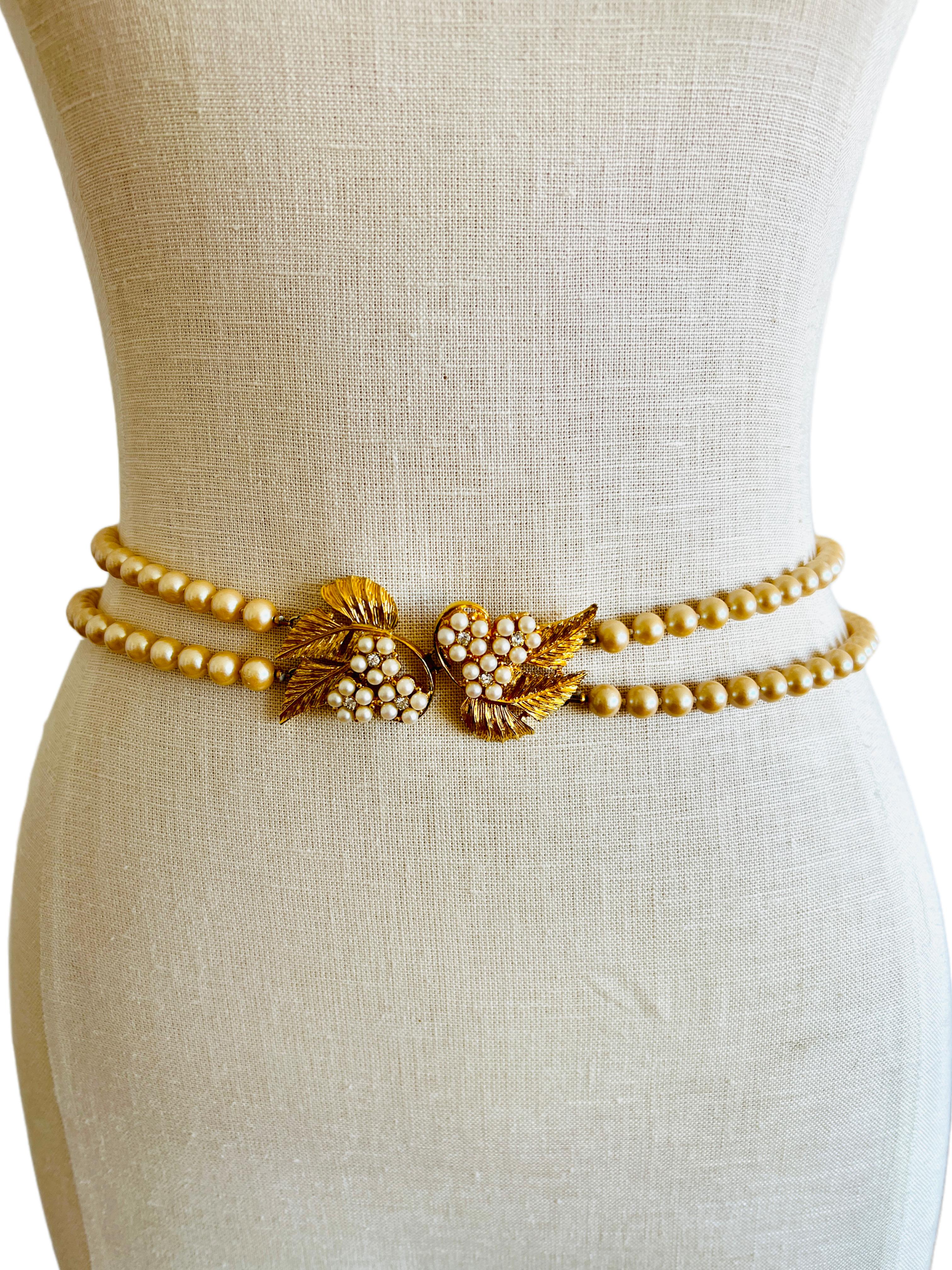 Women's Imitation Pearl Double Strand Leaf Rhinestone Necklace & Belt by Celebrity NY