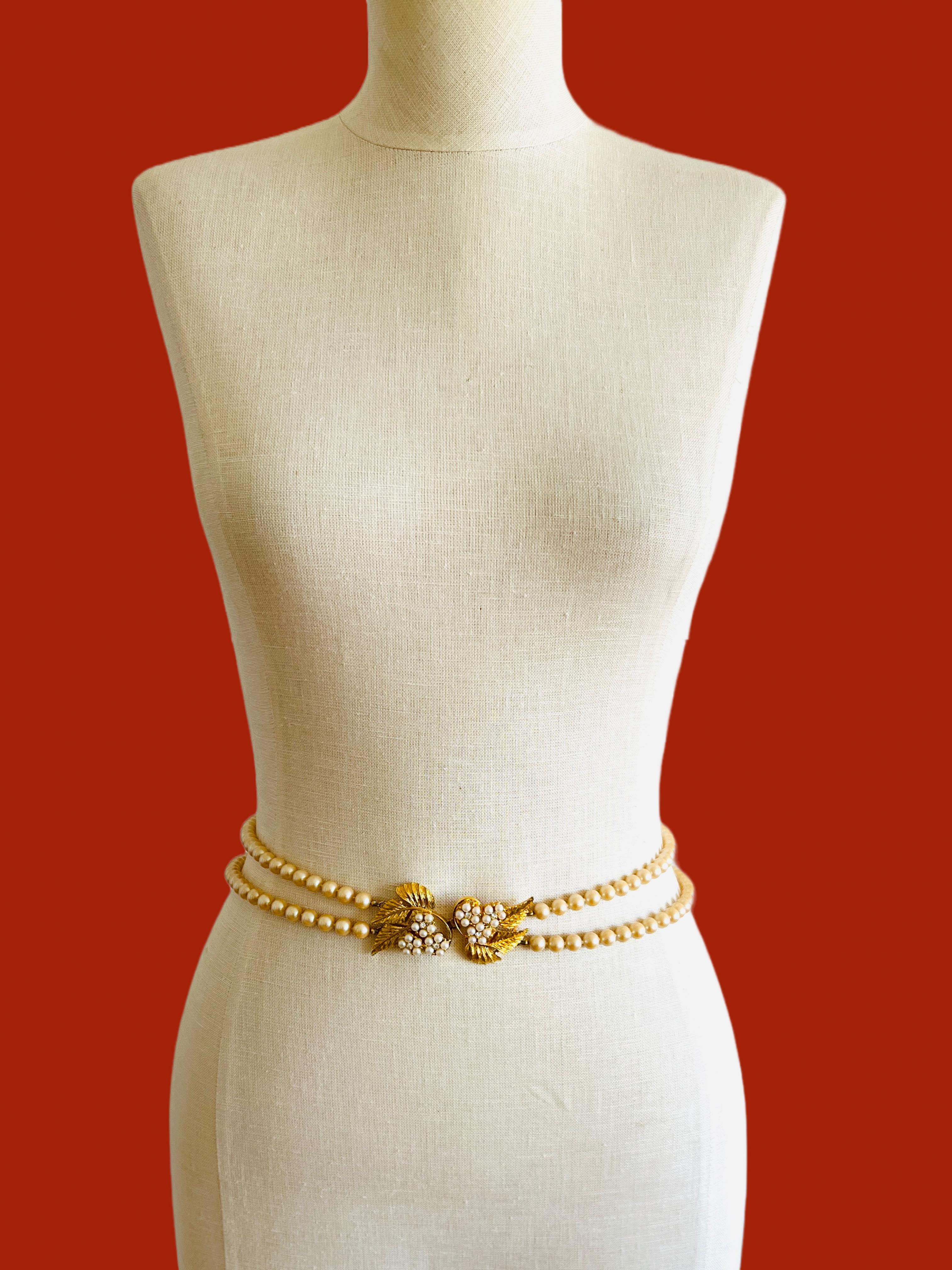 Imitation Pearl Double Strand Leaf Rhinestone Necklace & Belt by Celebrity NY 1